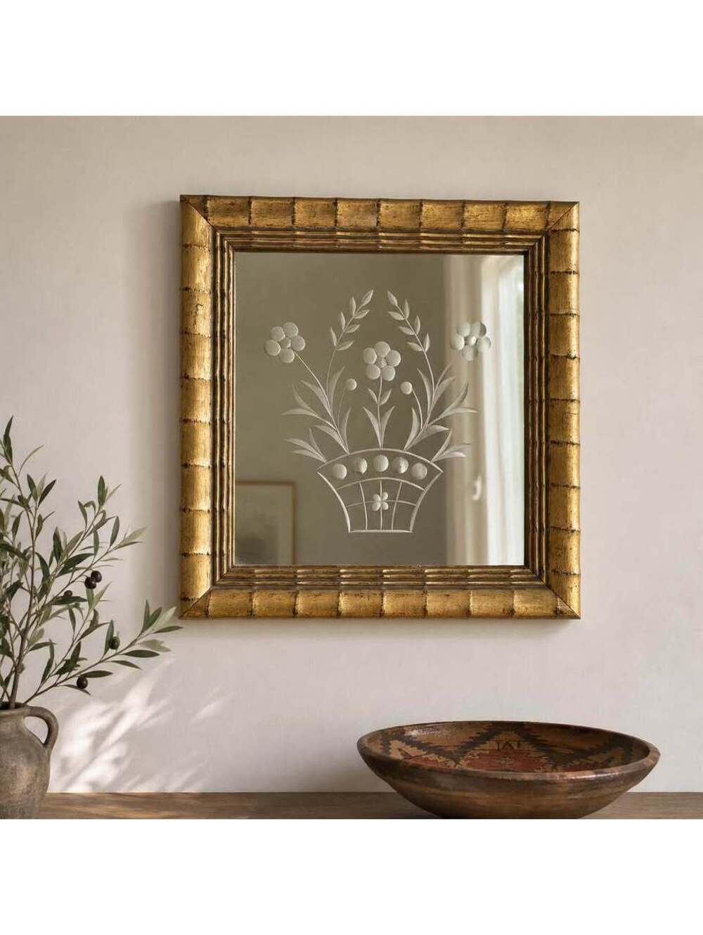Vintage Etched Floral Mirror Gilt Faux Bamboo Frame Hollywood Regency 12x13